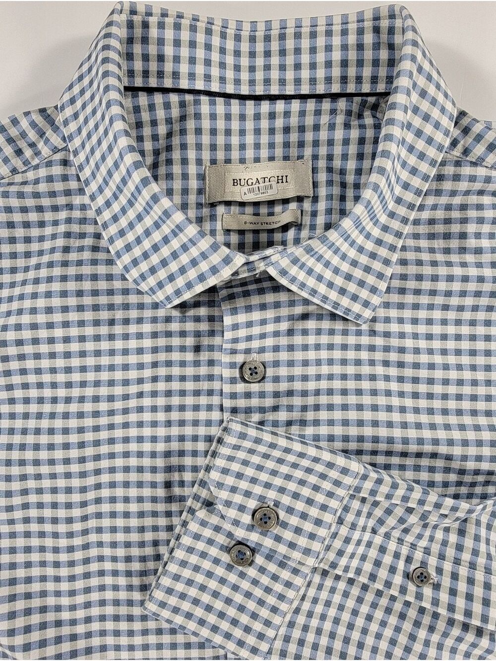 Men XXL 2XL Bugatchi 8 Way Stretch Blue Green Check Button Long Sleeved Shirt